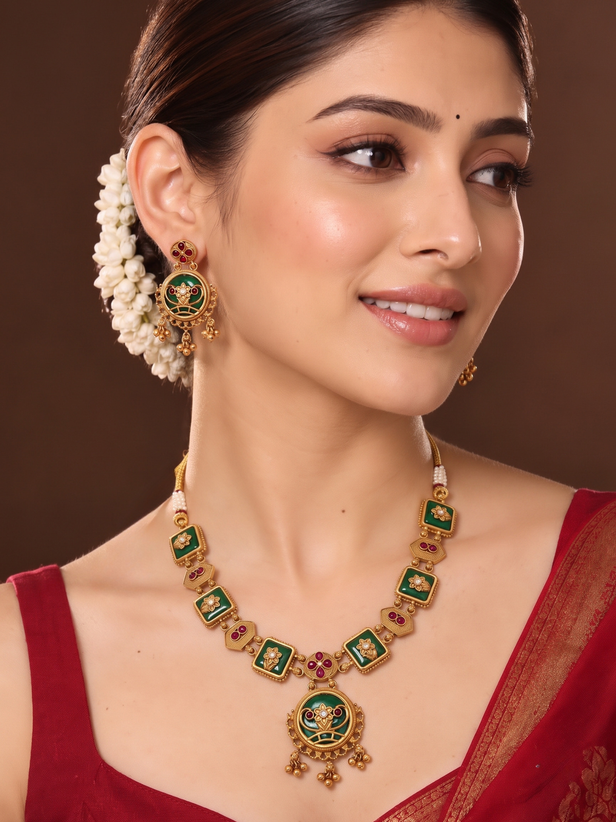 Gold Plated Green and Red Stone Floral Necklace and Earrings Set