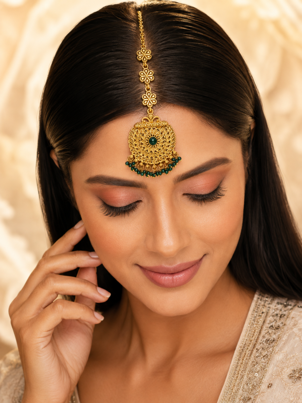 Gold Plated Green Beaded Floral Maang Tikka
