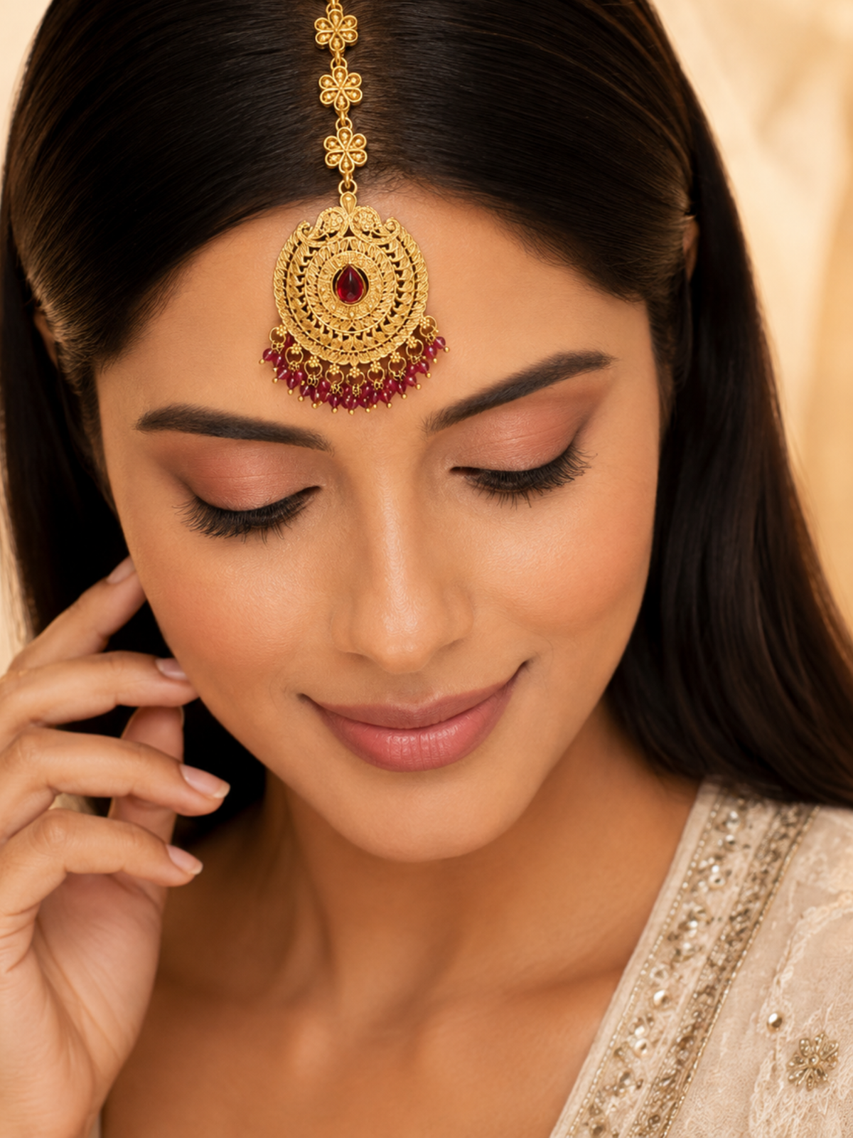 Gold Plated Pink Beaded Traditional Maang Tikka