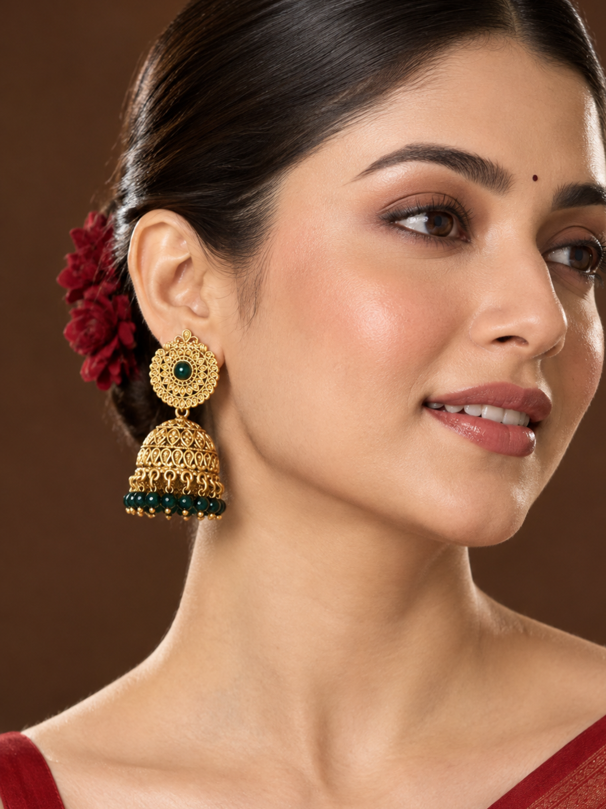 Gold Plated Green Beaded Traditional Jhumka Earrings