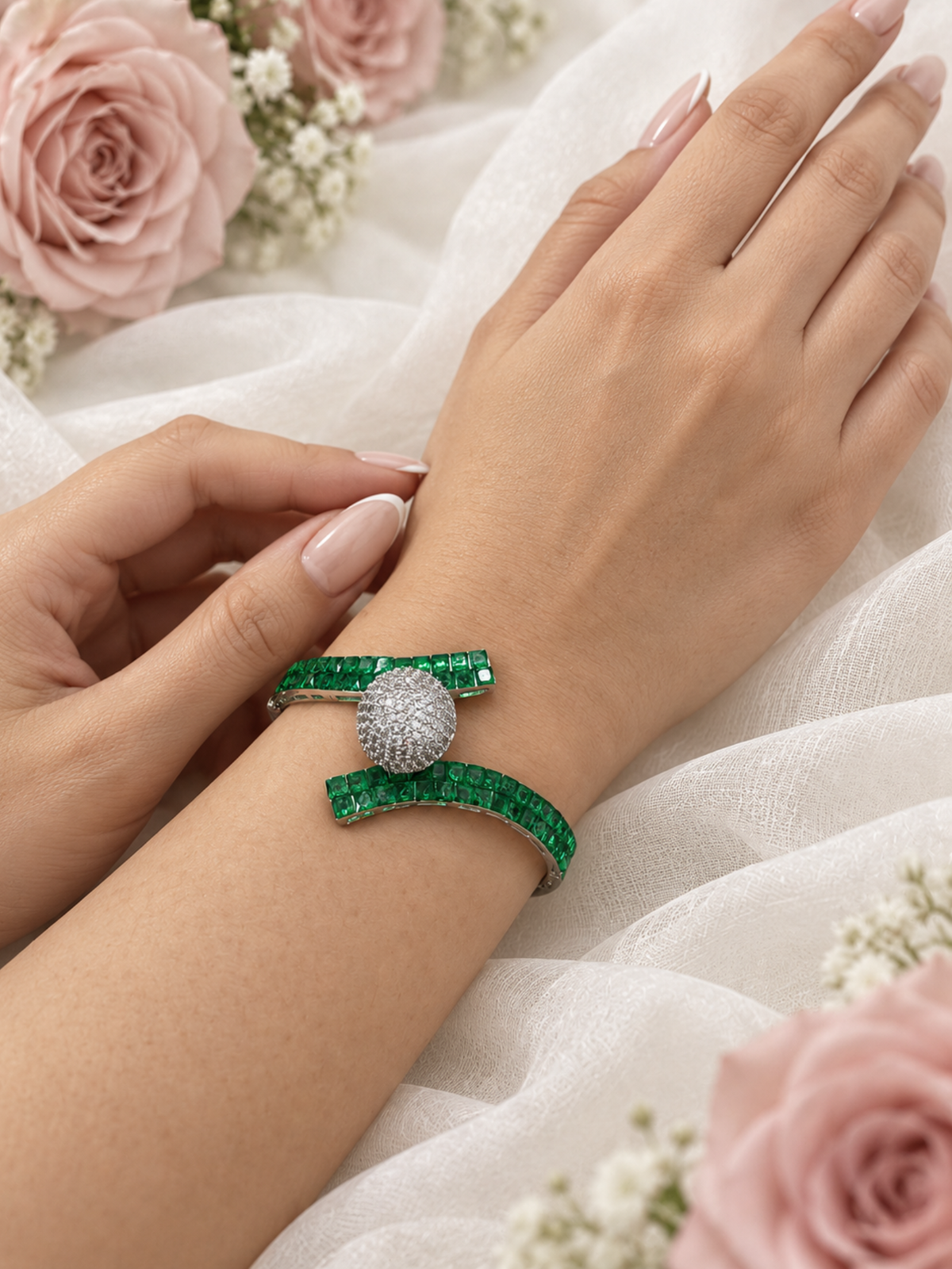 Silver Plated Green Stone Contemporary Cuff Bracelet