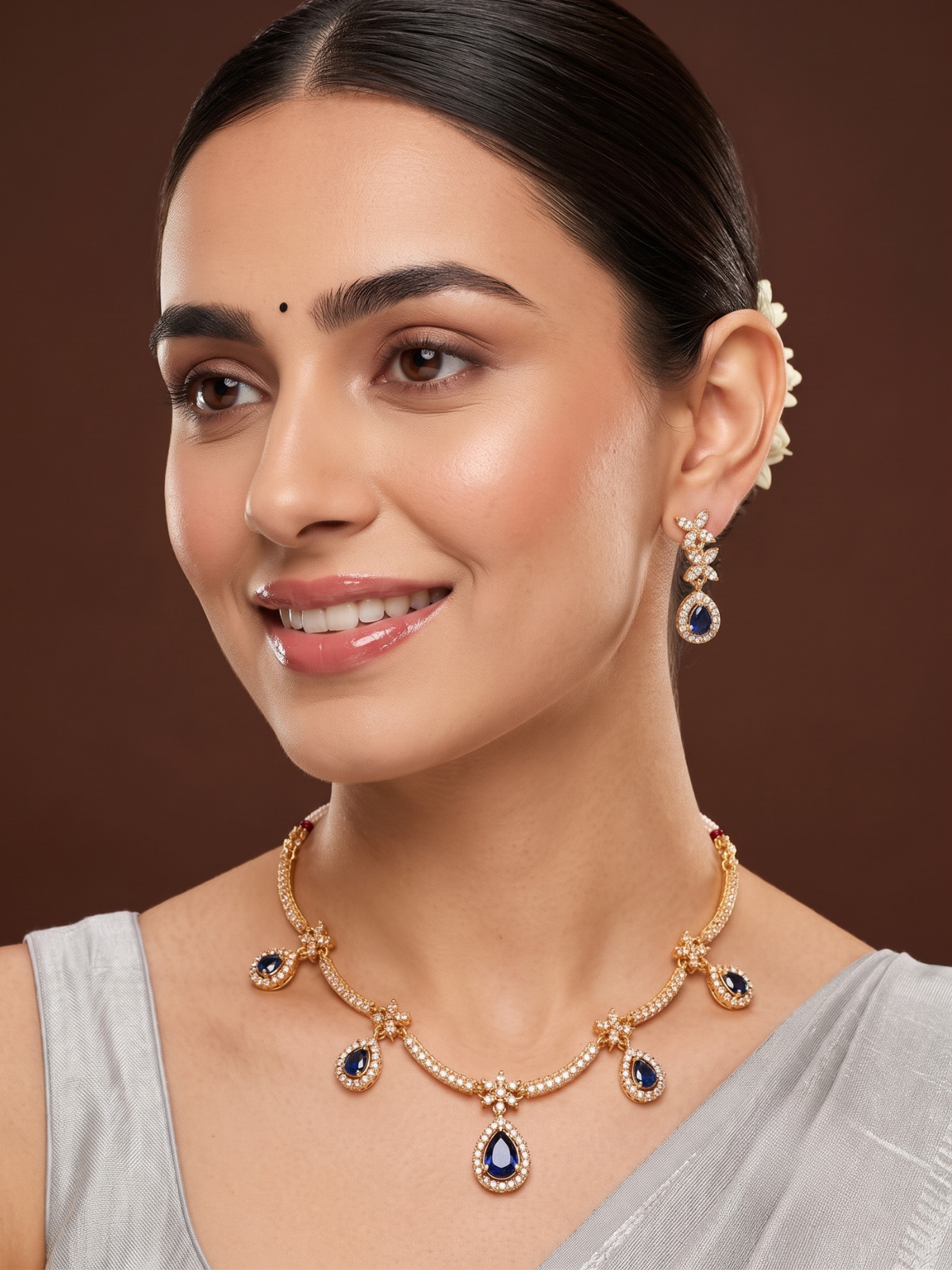Gold Plated Blue Stone Floral Necklace and Earrings Set