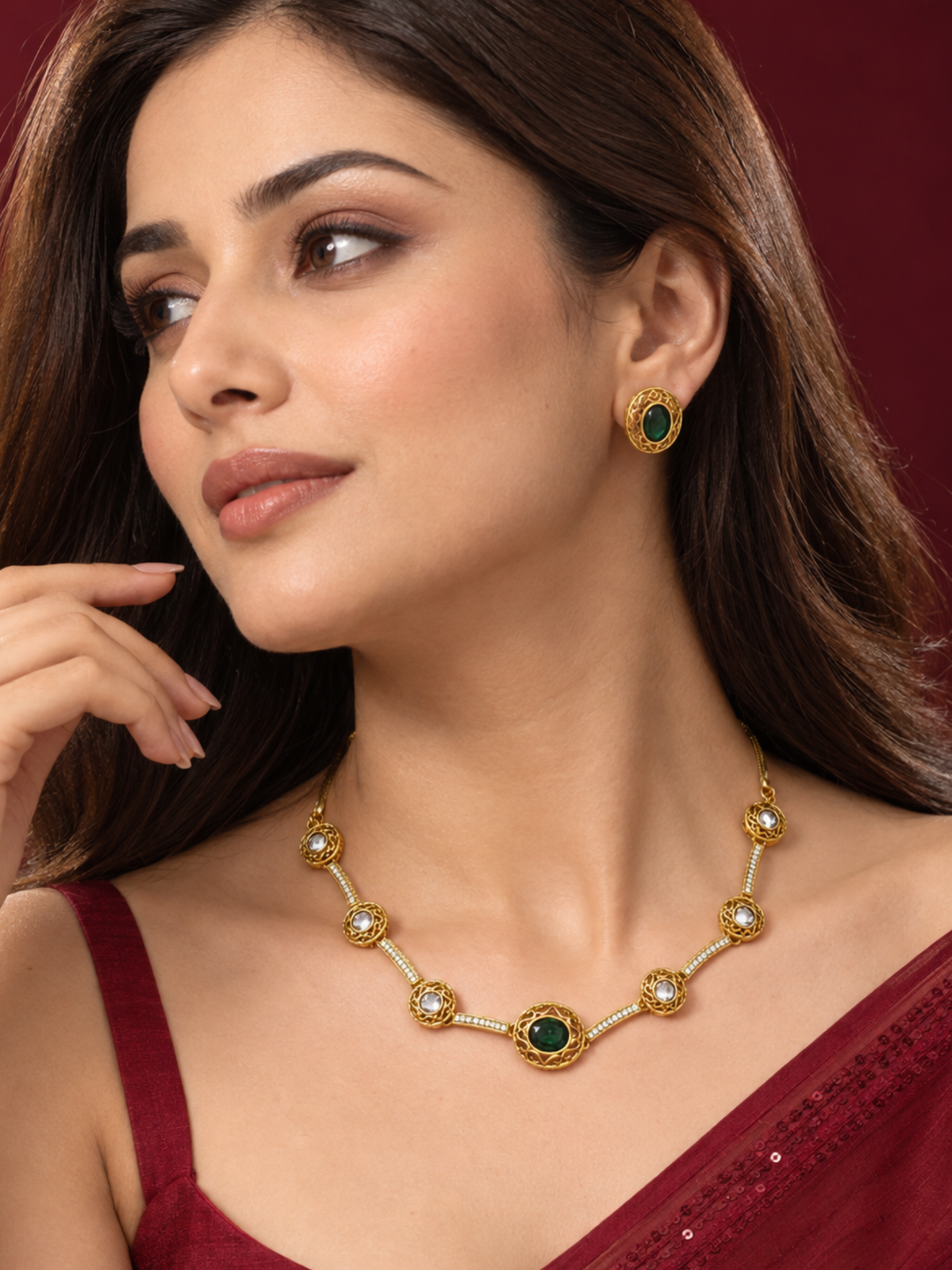 Gold Plated Green Stone and Kundan Necklace and Earrings Set