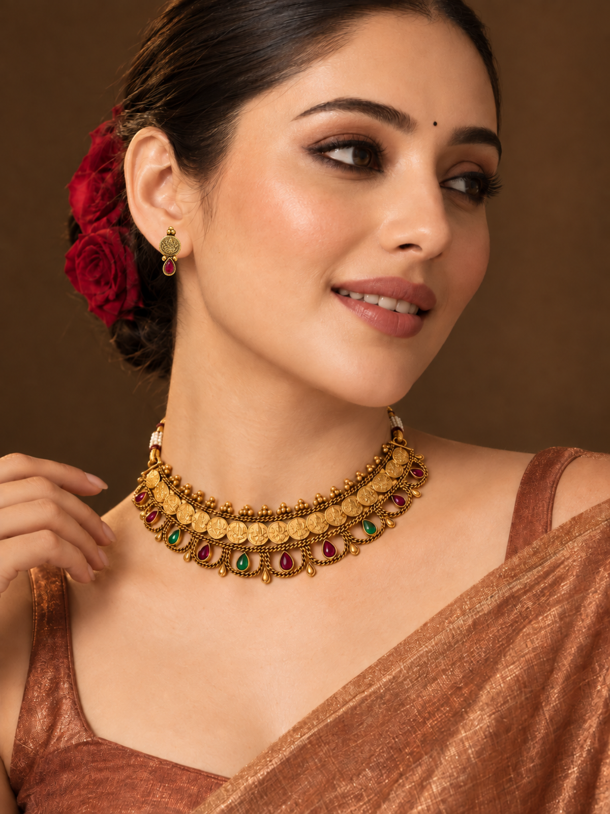 Antique Gold Plated Temple Coin Red and Green Stone Necklace and Earrings Set