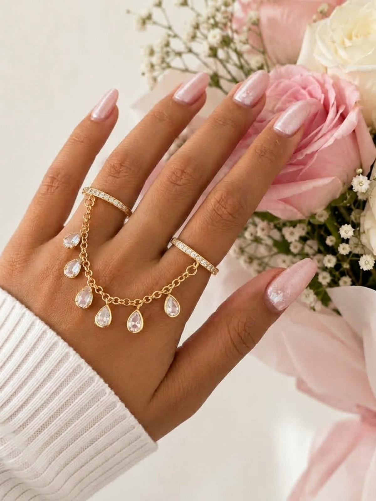 Gold Plated Crystal Drop Double Finger Ring