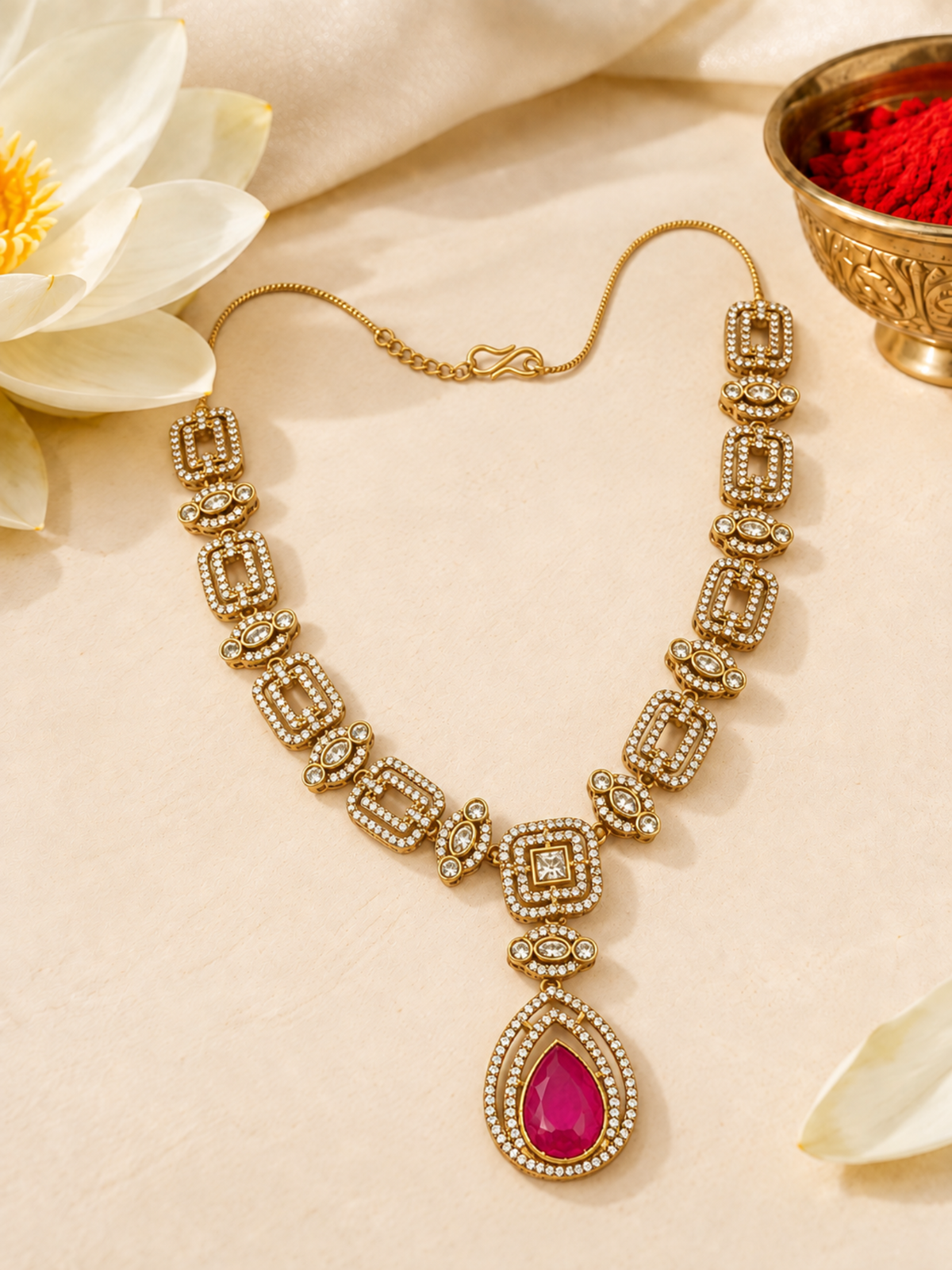 Gold Plated Ruby Kundan Necklace Set