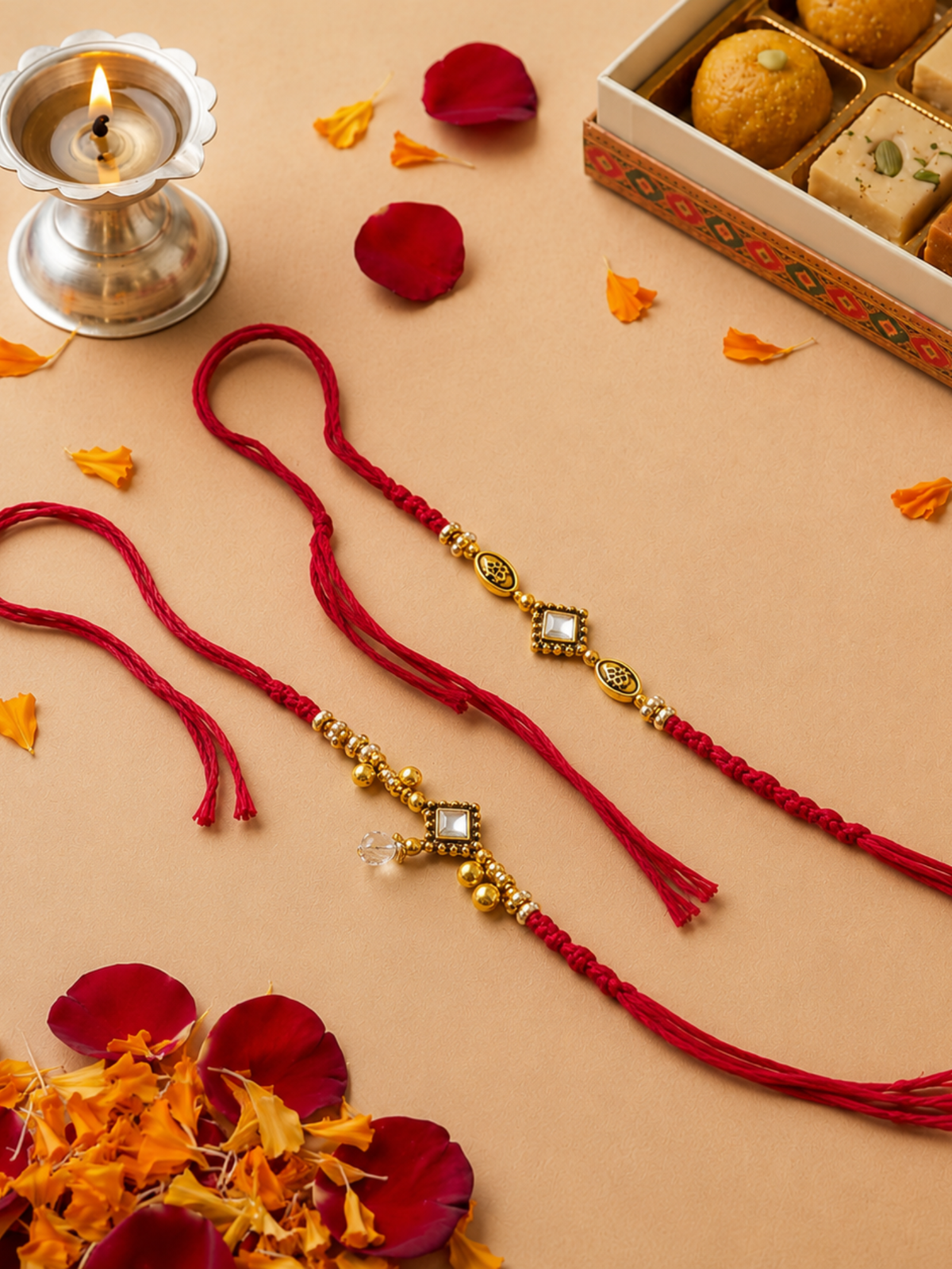 Gold Plated Om and White Kundan Bhaiya Bhabhi Rakhi Set