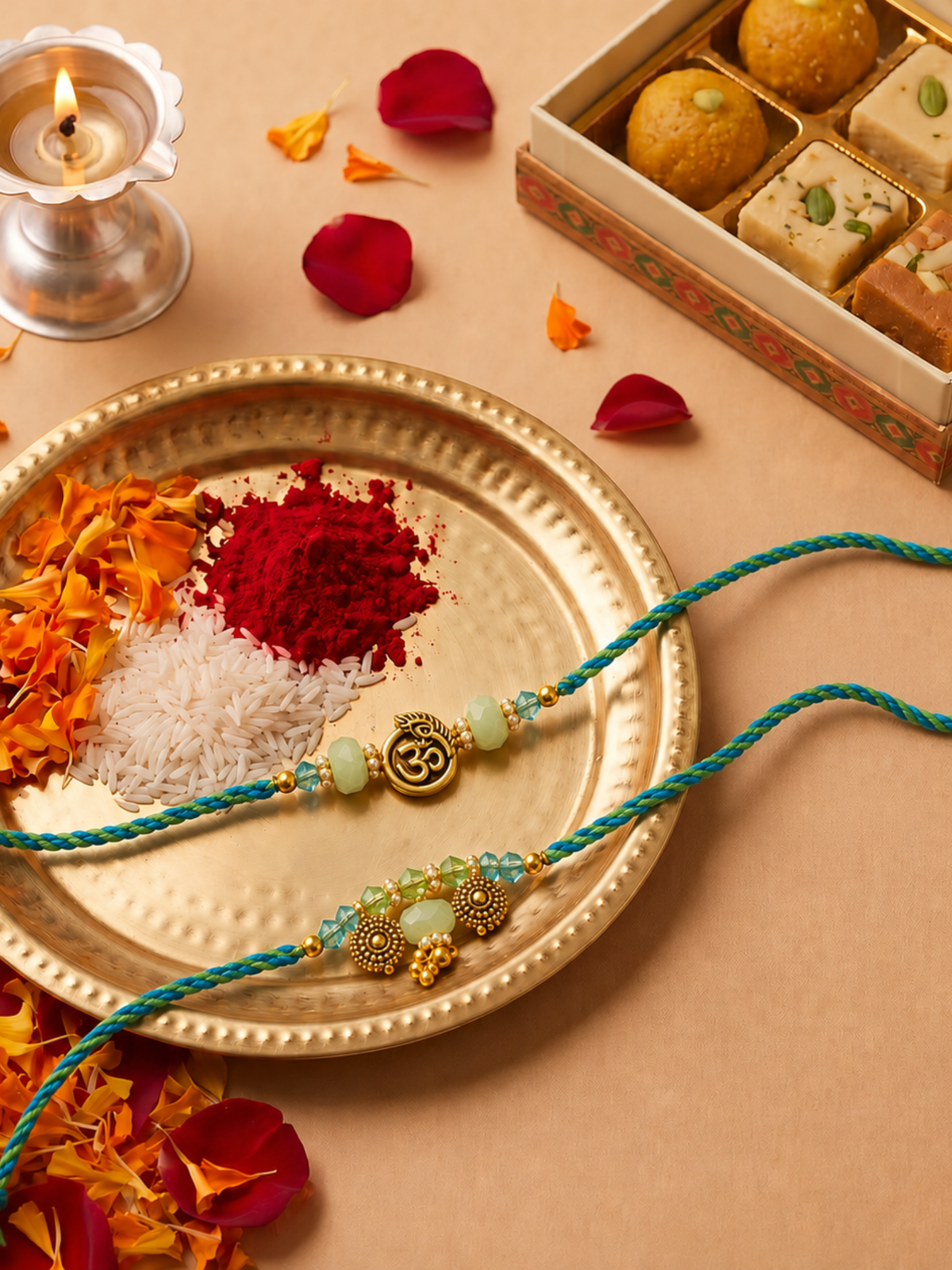 Gold Plated OM Krishna Bhaiya Bhabhi Rakhi Set