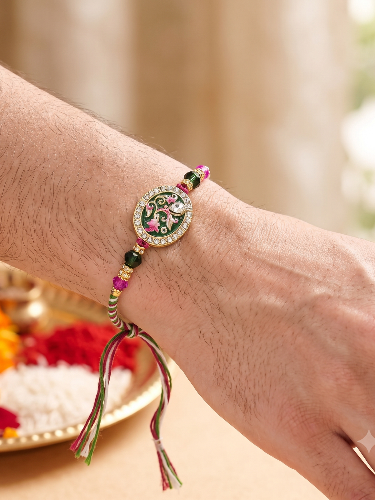 Floral CZ and Multicolor Stone Kada Bhaiya Bhabhi Rakhi Set