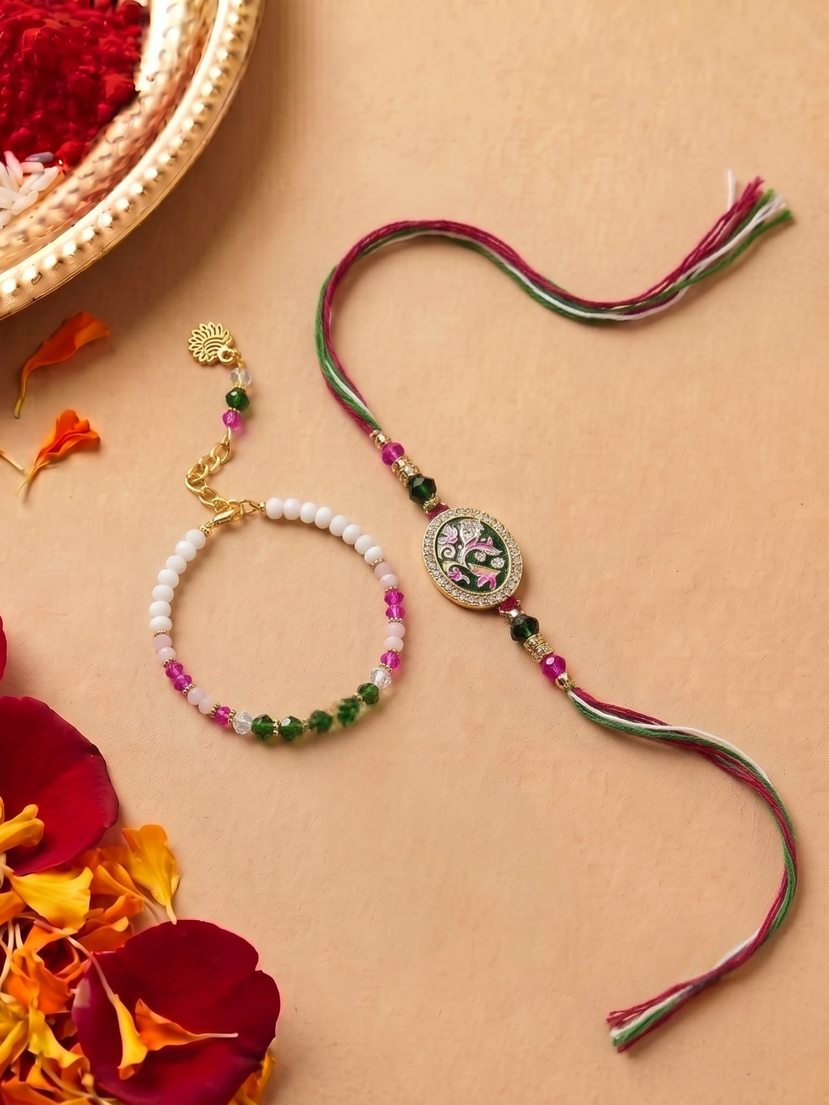 Floral CZ and Multicolor Stone Kada Bhaiya Bhabhi Rakhi Set