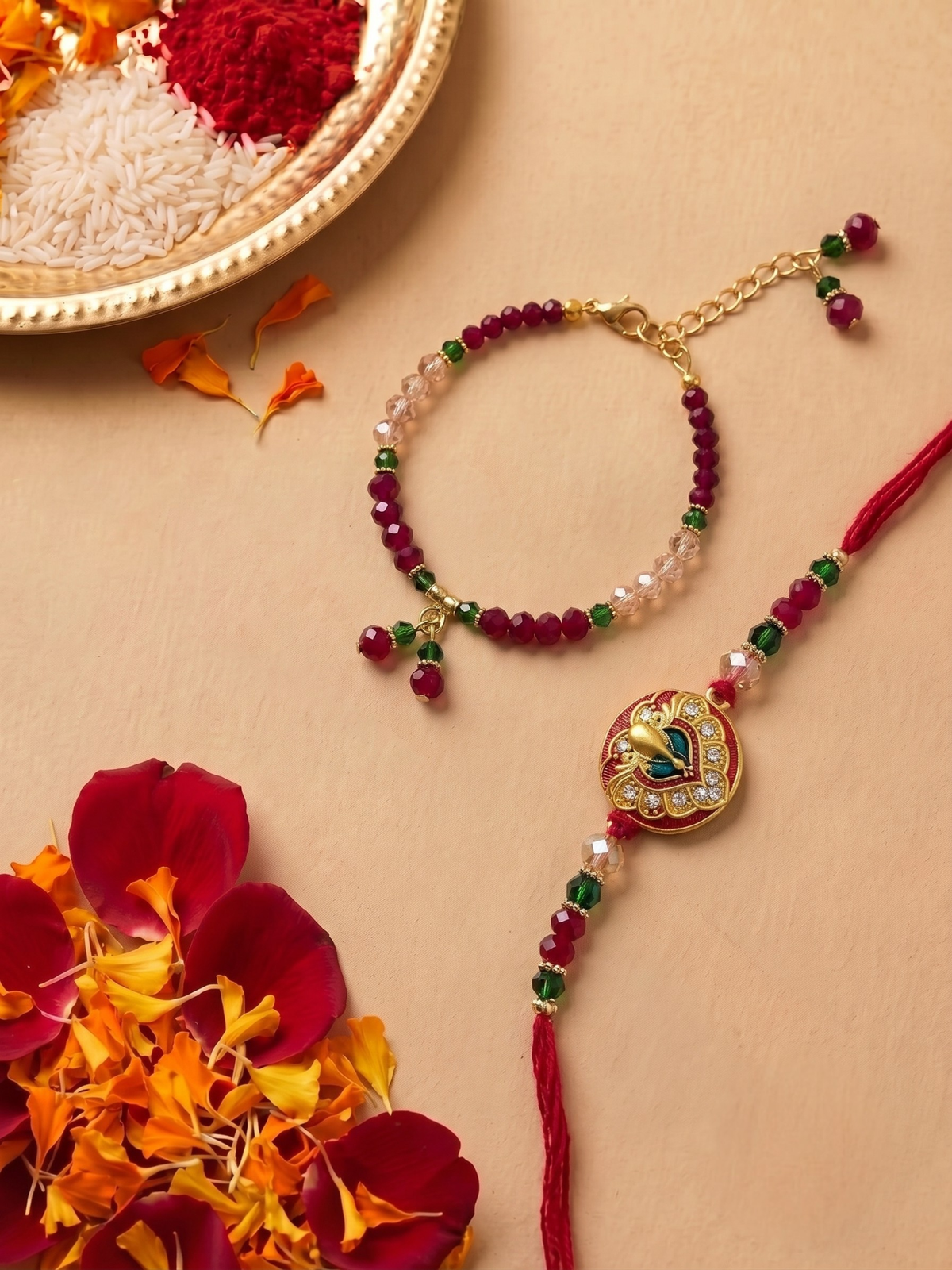 Peacock and Multicolor Stone Kada Bhaiya Bhabhi Rakhi Set