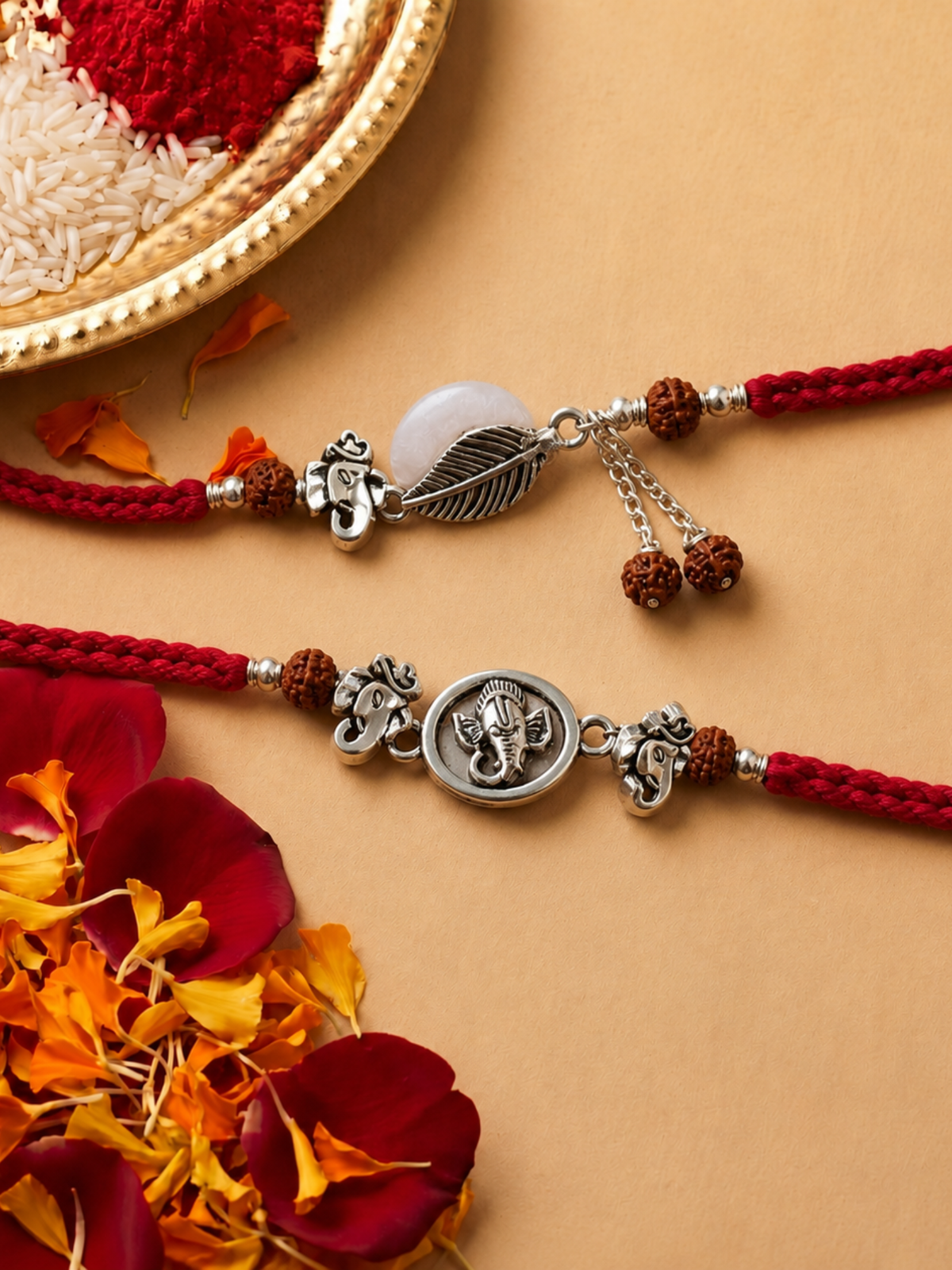 Silver Plated Ganesha Bhaiya Bhabhi Rakhi Set