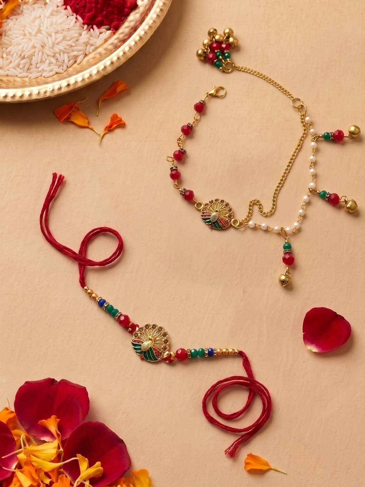 Gold Plated Peacock Bhaiya Bhabhi Rakhi Set