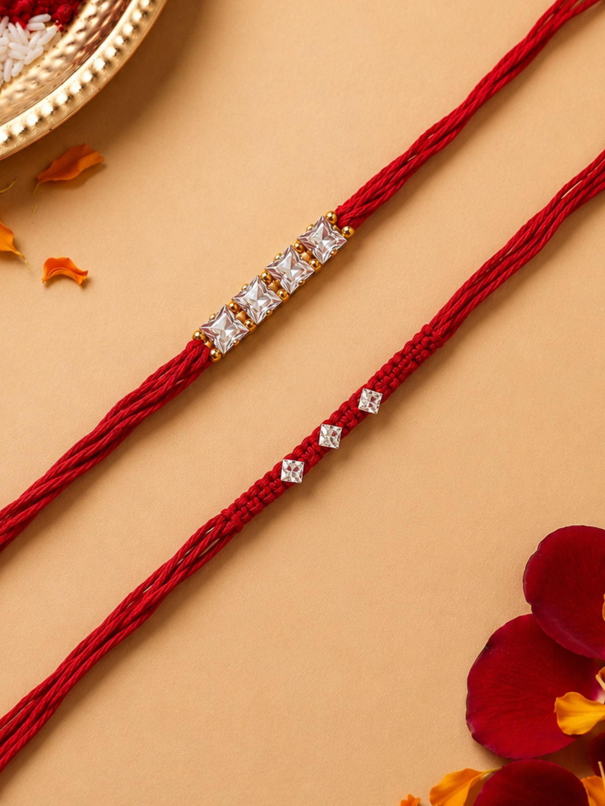 Red Beaded Stone Studded Set of 2 Rakhis