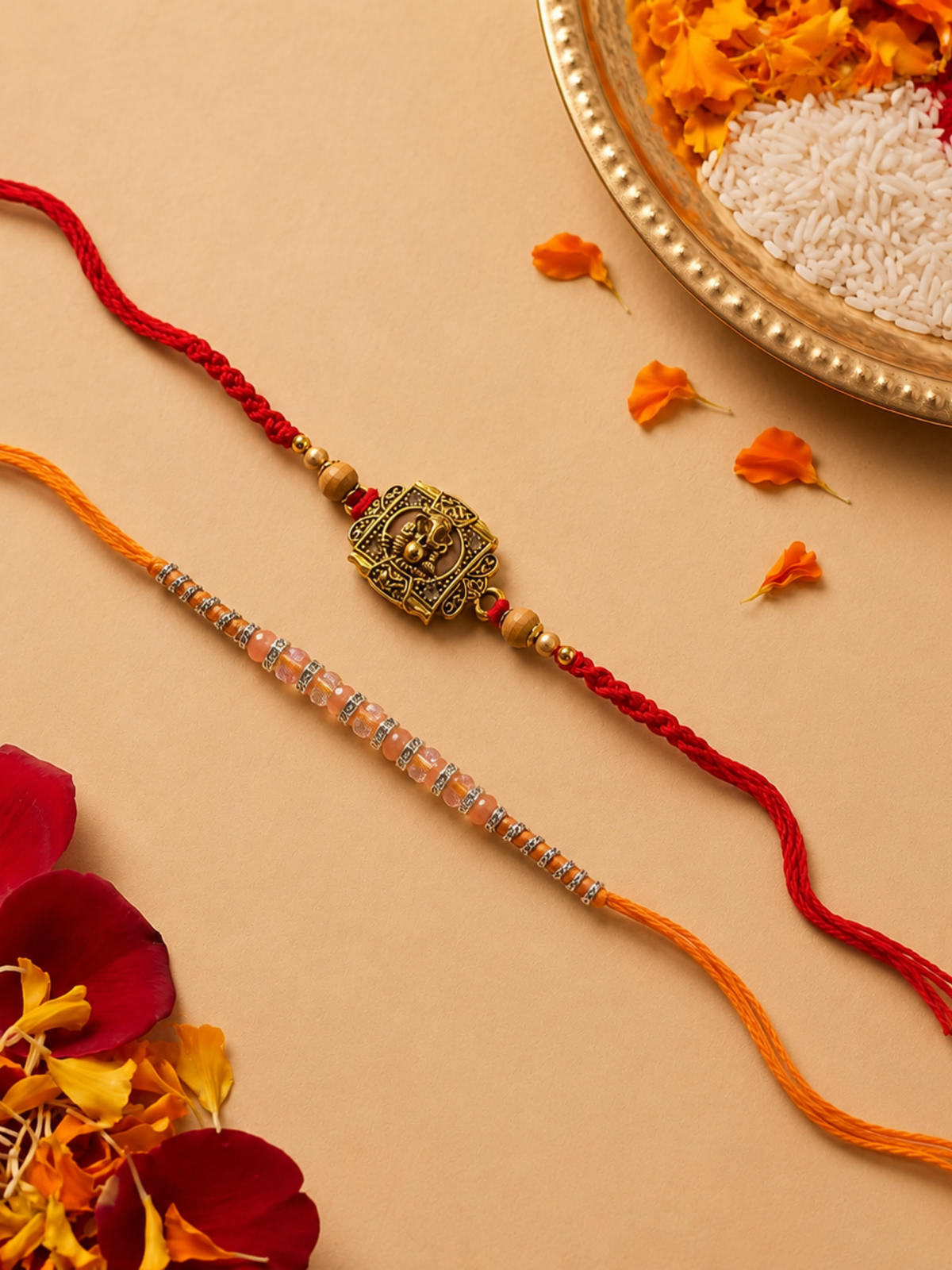 Red and Peach Designer Set of 2 Rakhis