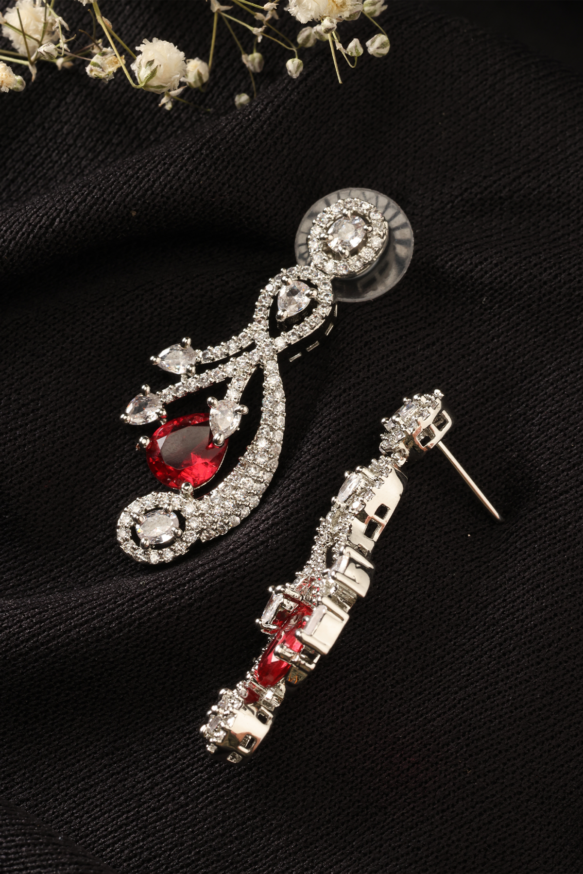 Pretty Red Stone Silver American Diamond Earrings