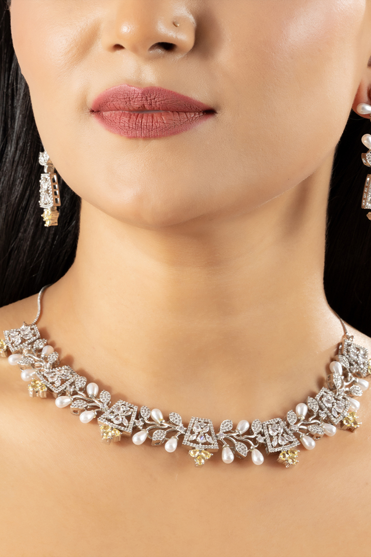 Yellow Sapphire American Diamond Pearl Necklace Set