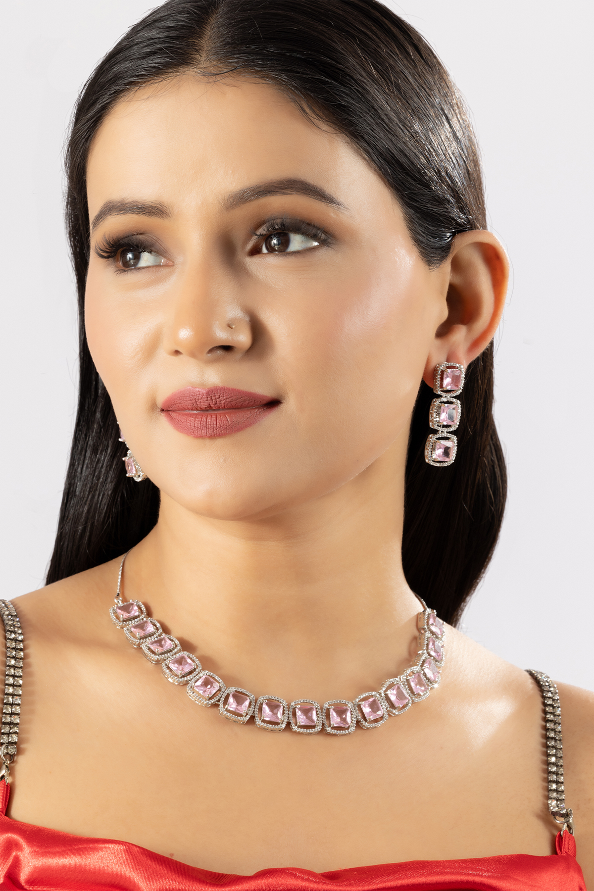 Designer Silver Plated Pink American Diamond Necklace Set