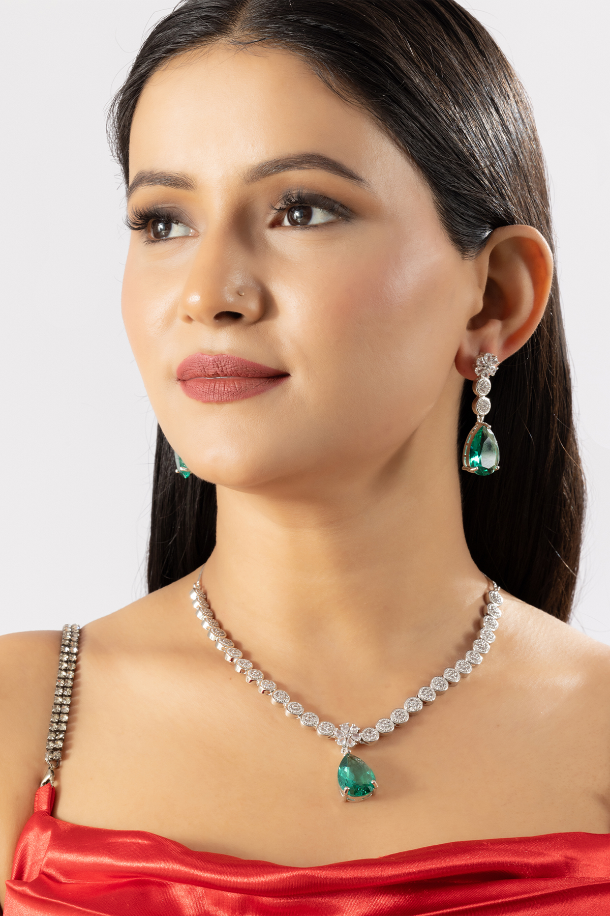 Emerald Green American Diamond Necklace Set