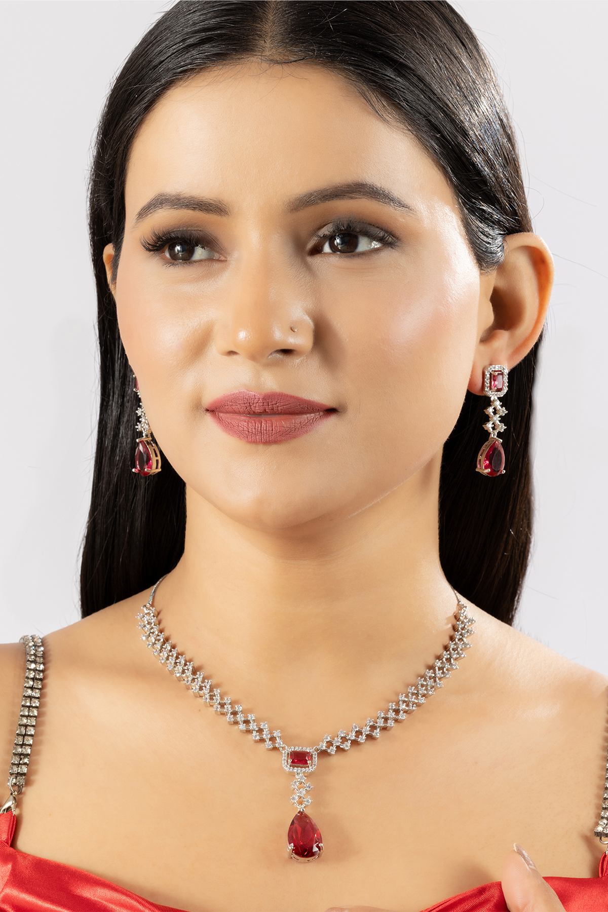 Gleaming Red Emerald American Diamond Necklace Set