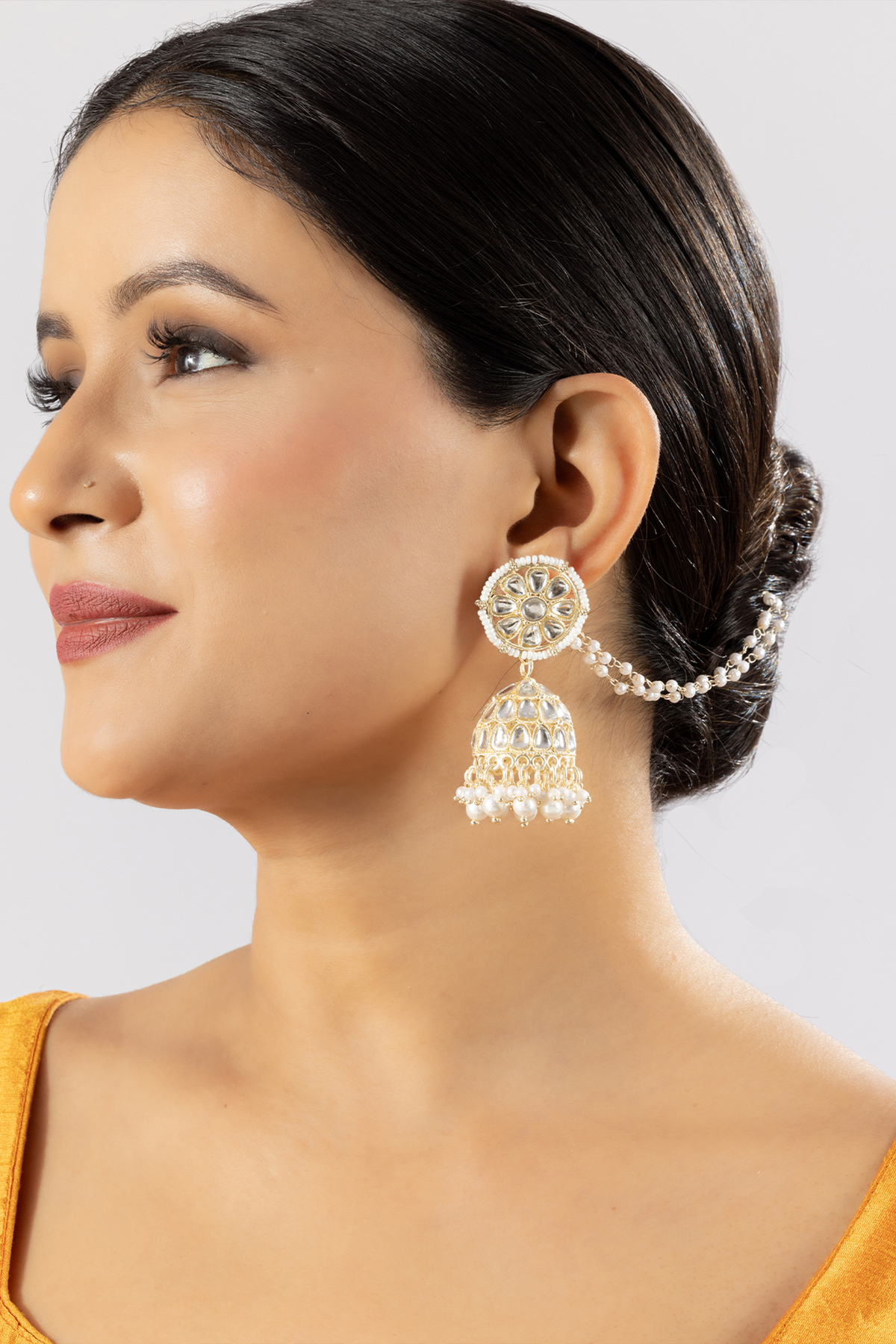 Ethnic Kundan Pearl Studded Gold Jhumka Earring with Chain