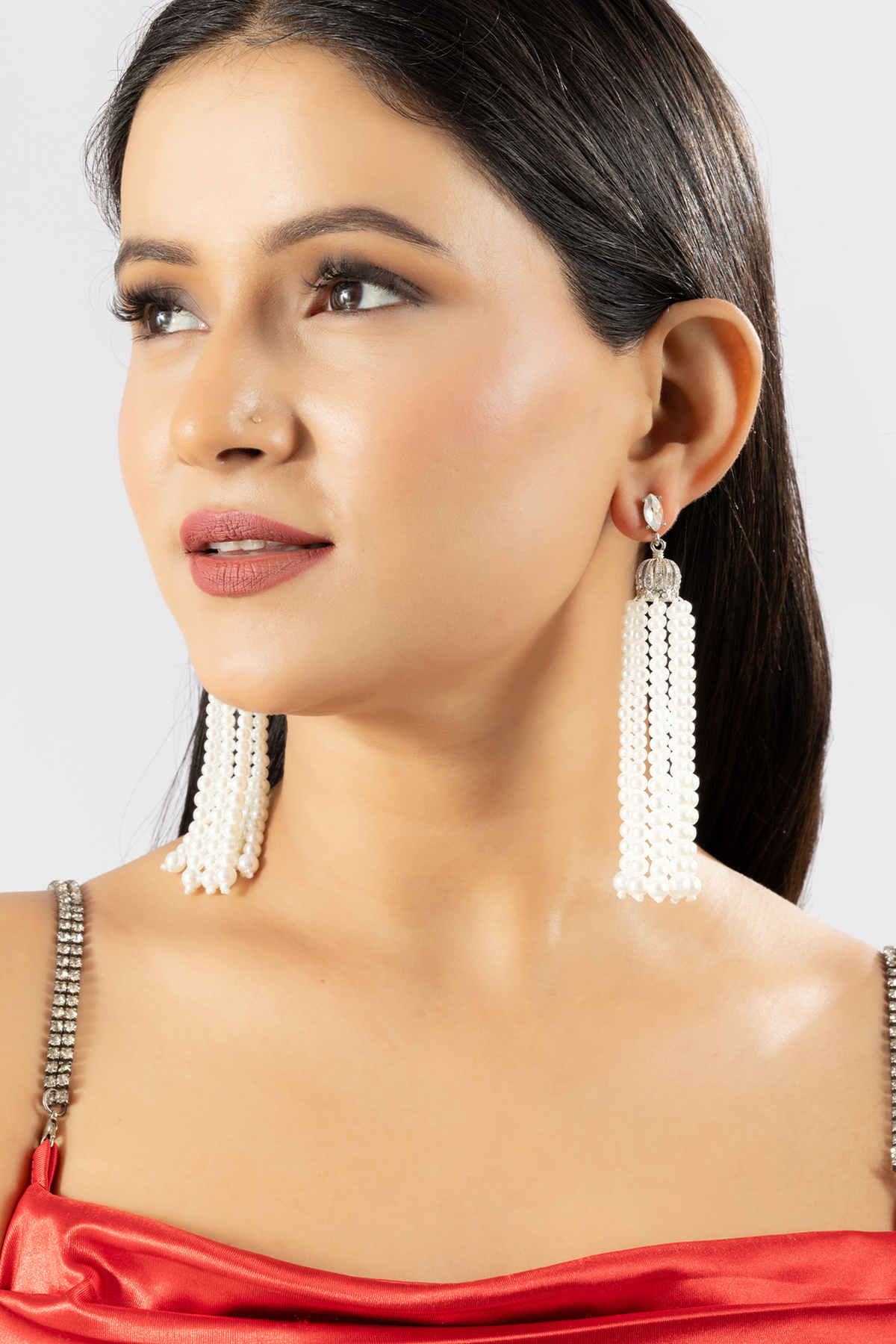 Luxury Pearl Zircon Rhinestone Long Layer Tassel Jhumki Earring