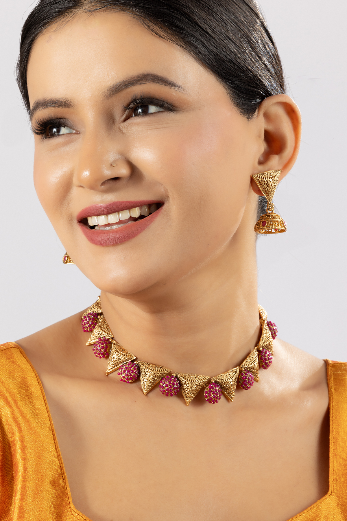 Gold Plated Pink Stone Triangle Choker Necklace Set