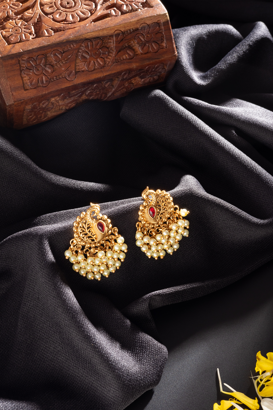 E0838_Beautiful golden color peacock design earrings studded with ruby |  SwagQueen