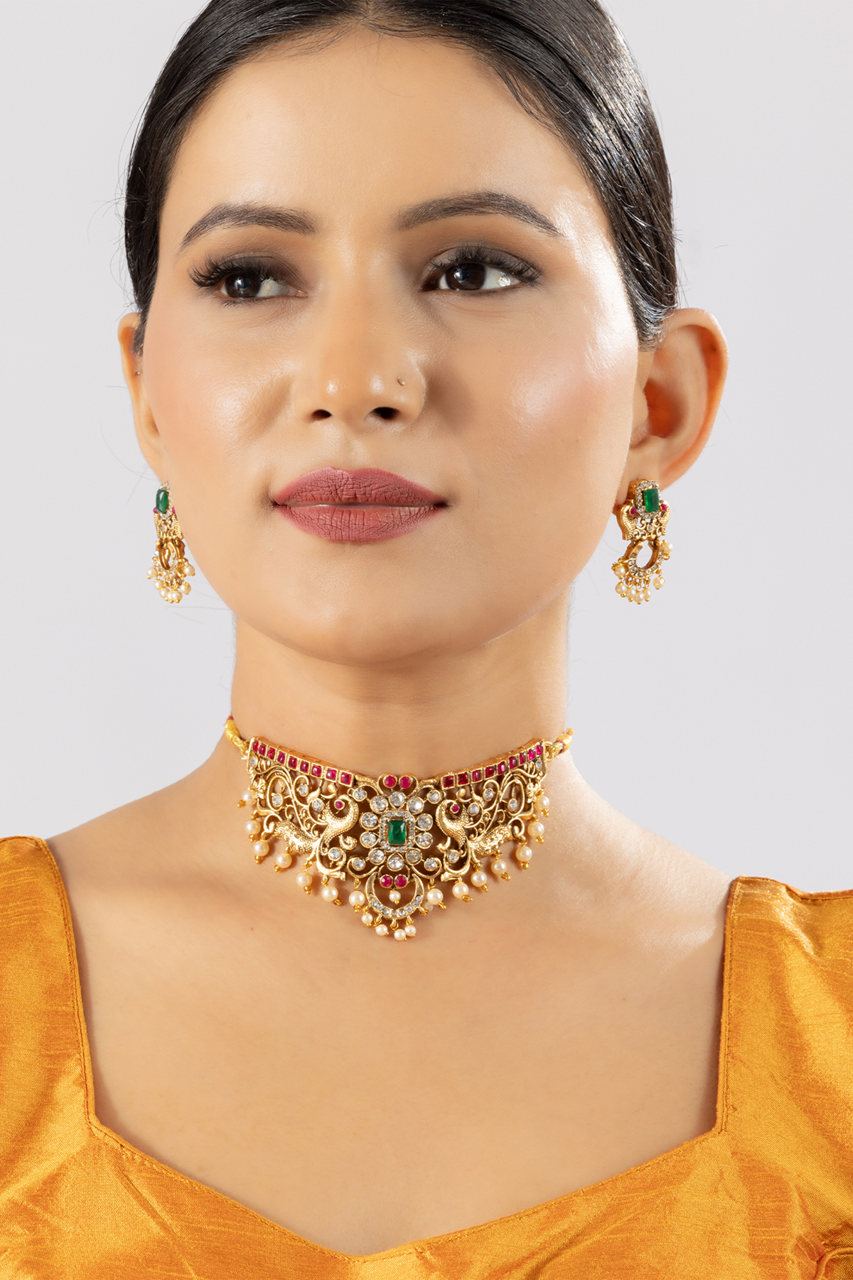 Classic Floral Peacock Design Gold Plated Choker Necklace Set