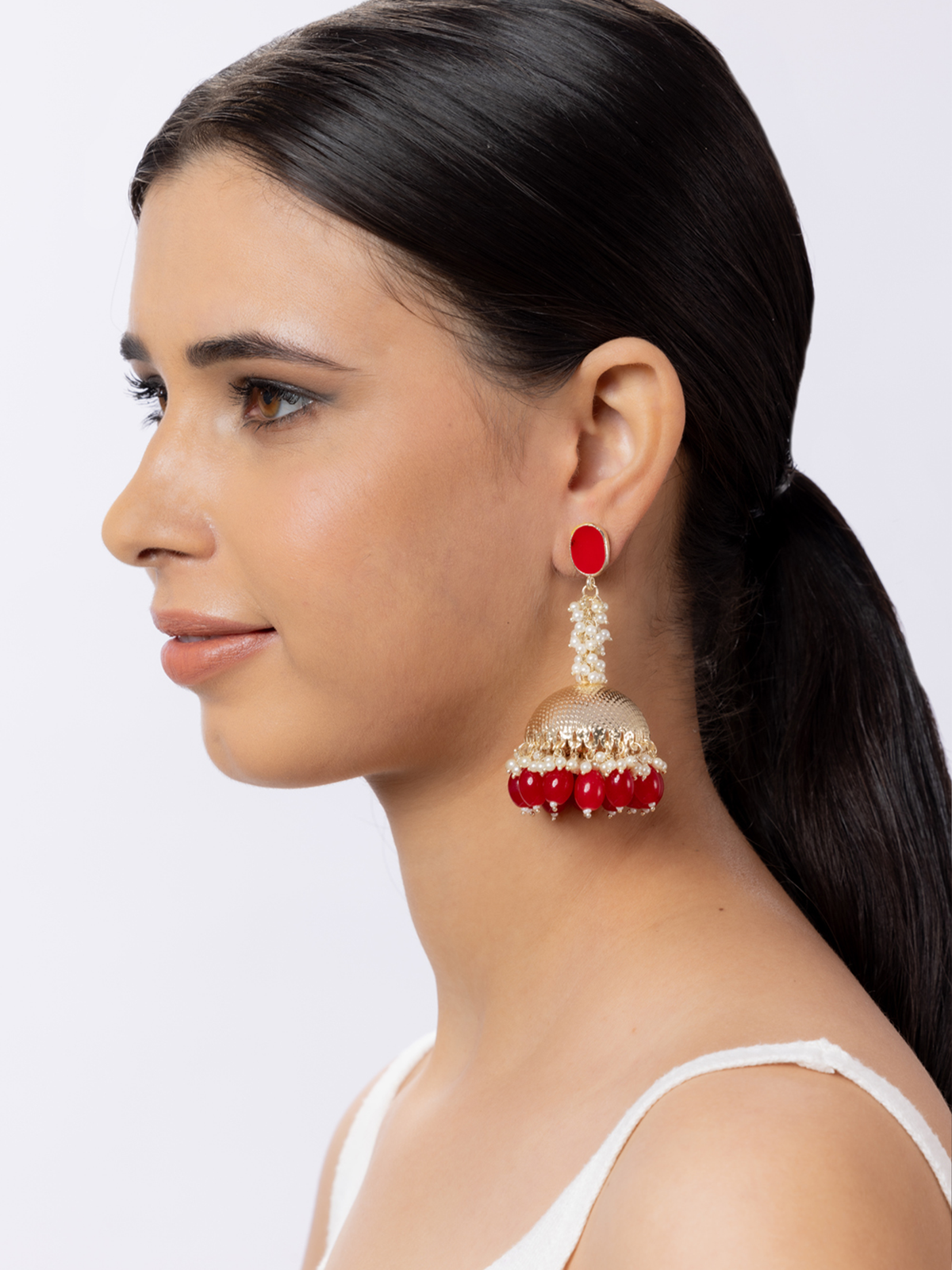 Red Stone Gold Plated Long Earrings with Pearl