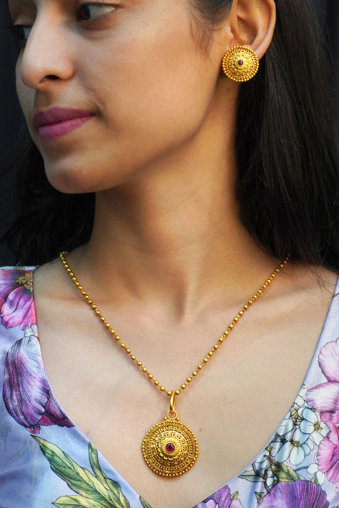 Gold Plated Pink Stone Chain Pendant Set