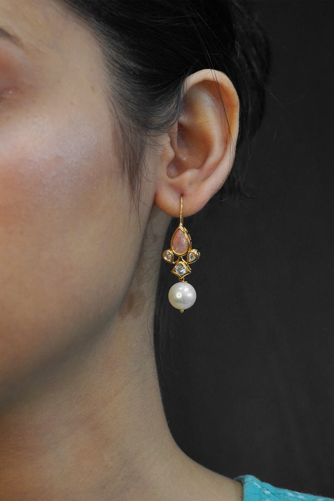 Peach Colour Kundan And Pearl Earrings