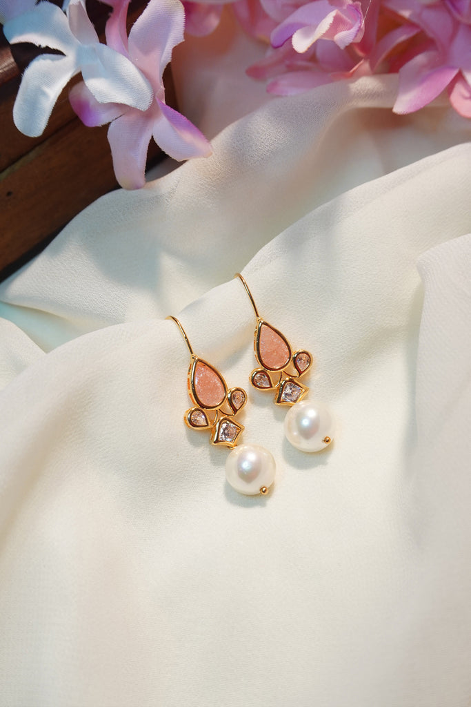 Designer Peach Colour Kundan And Pearl Earrings