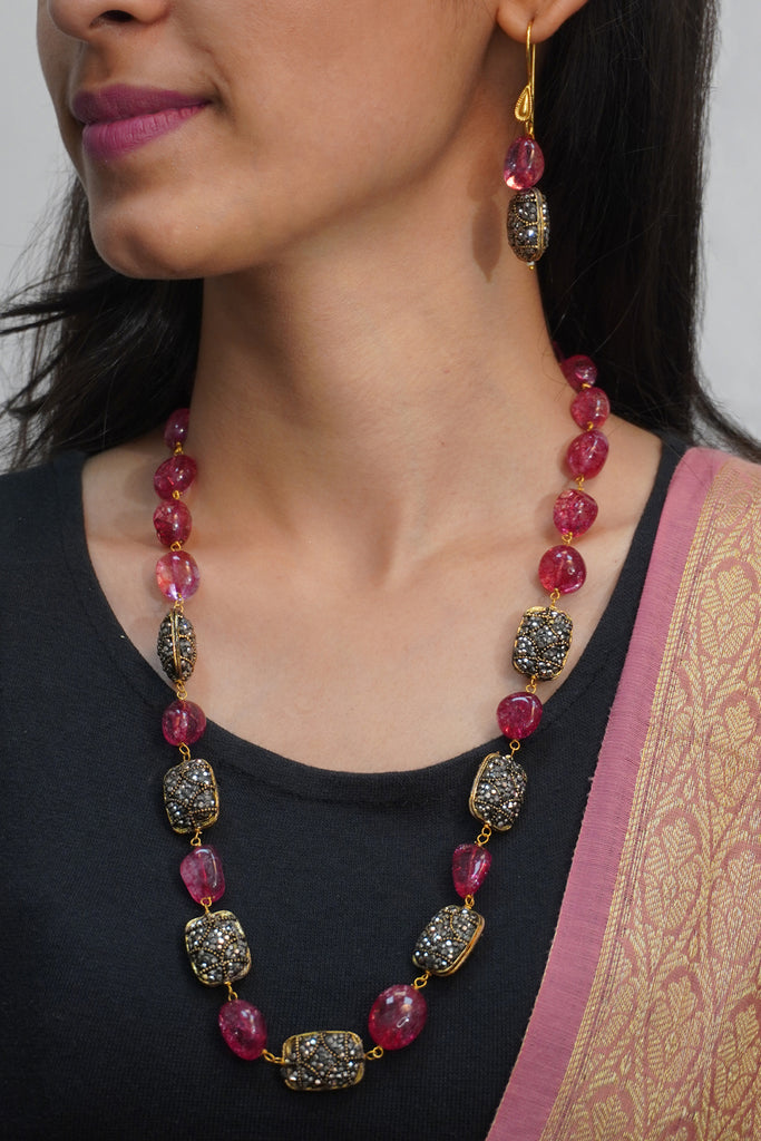 Pink Beads Necklace And Earring Set