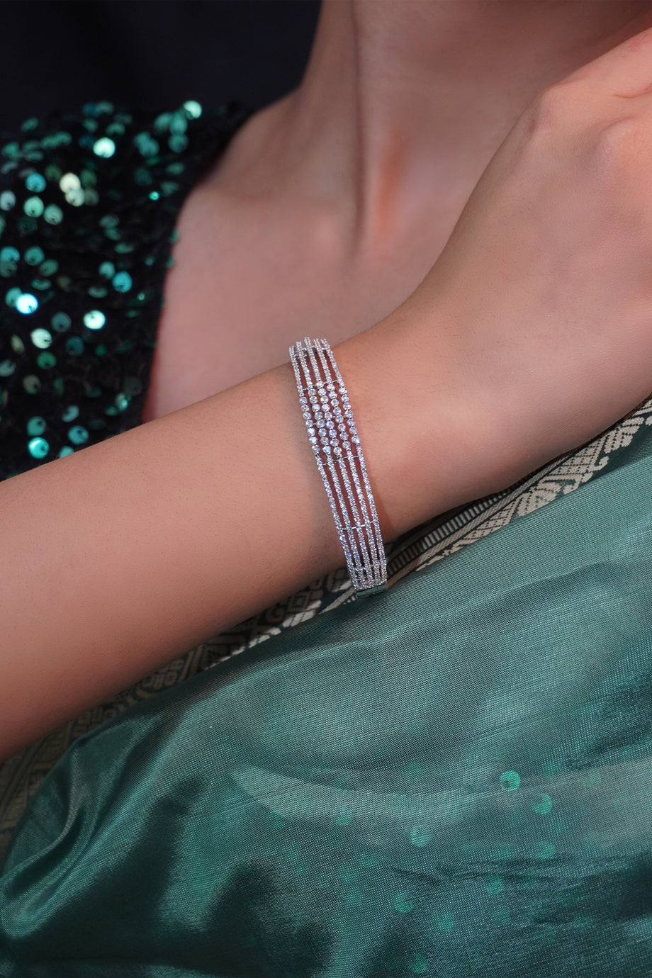 Elegant Geometric American Diamond Silver-Plated Bracelet – Priyaasi