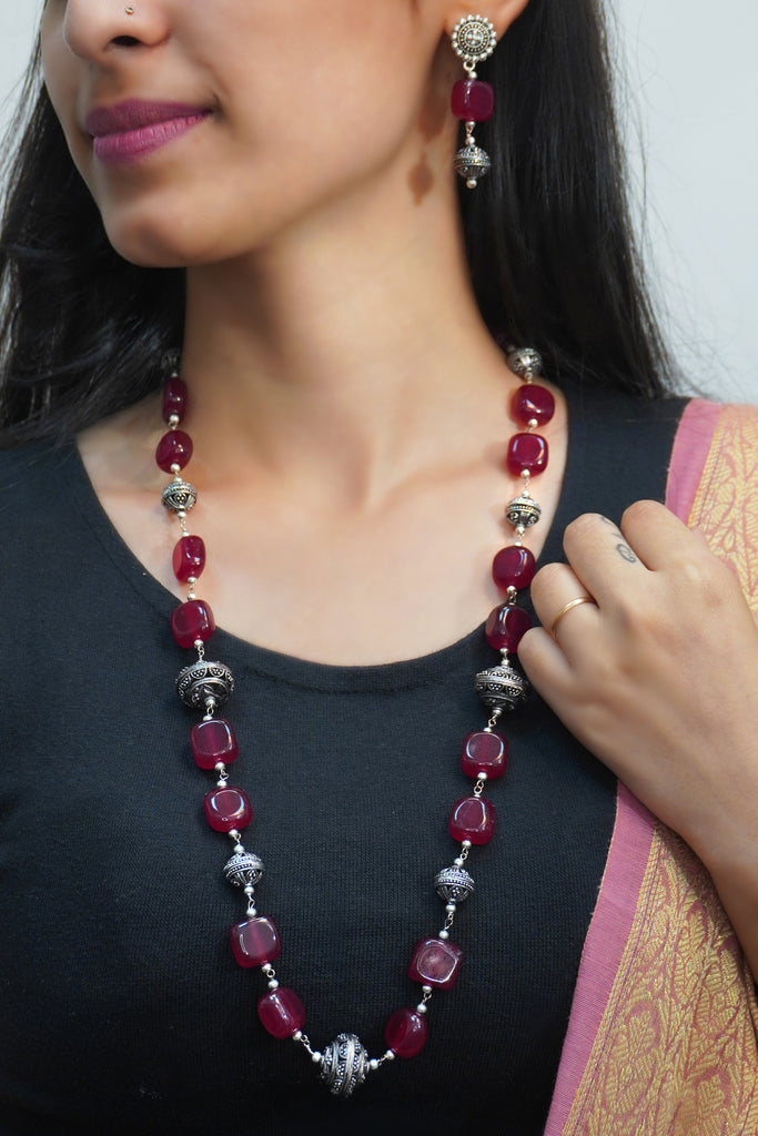 Pink Beads Oxidized Necklace With Earrings
