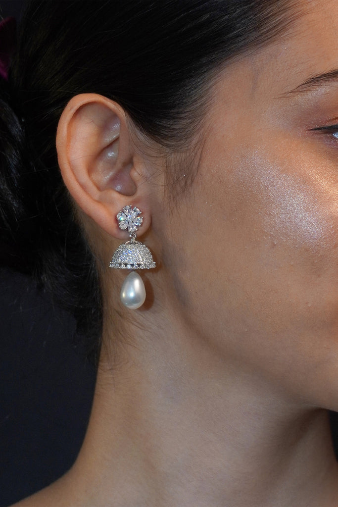 Stunning American Diamond CZ And Pearl Jhumka Earring