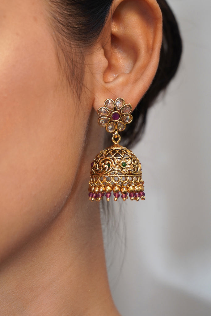 Pink Kundan Beads Gold Plated Floral Jhumka Earring
