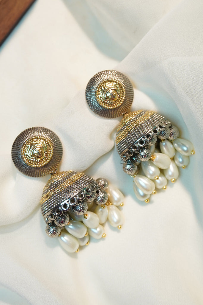 Oxidized Jhumki Earrings With Pearl