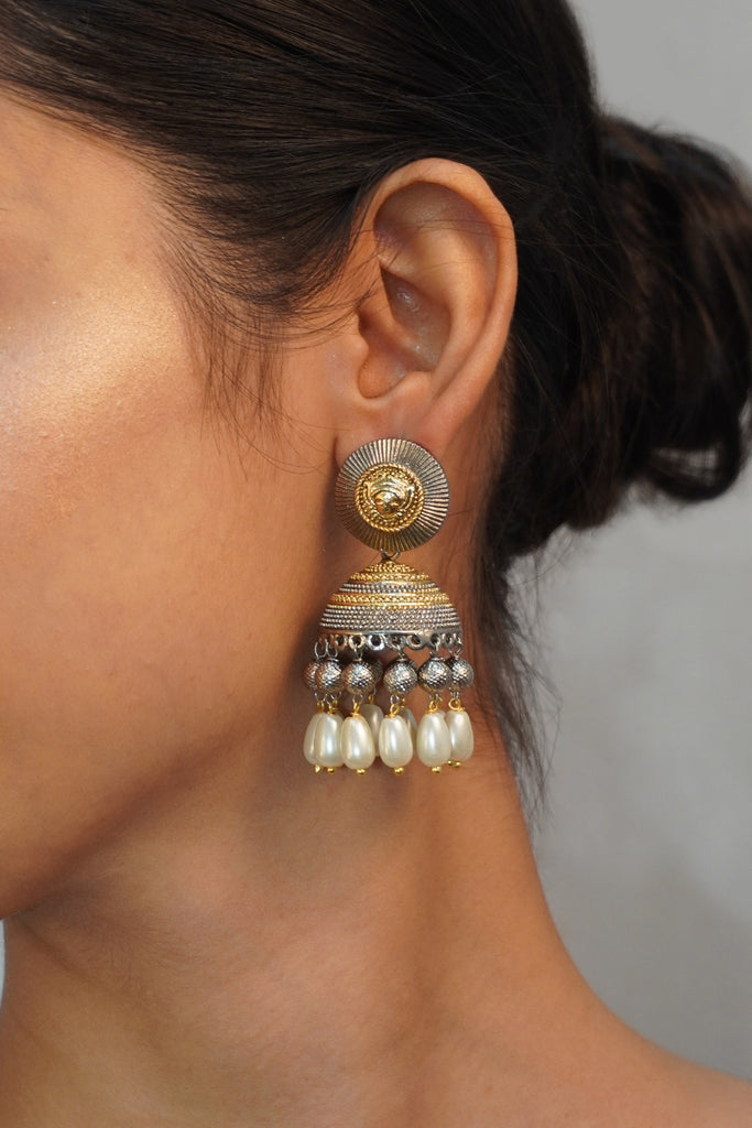 Ethnic Dual Tone Oxidized Jhumki Earrings With Pearl