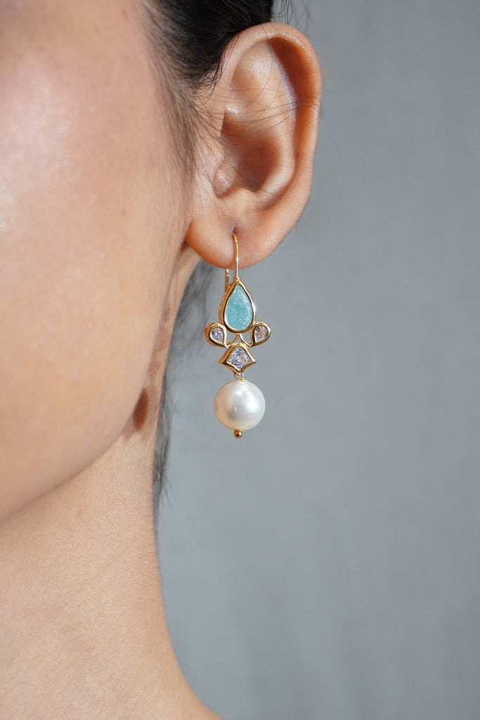 Blue Kundan And Pearl Drop Earrings