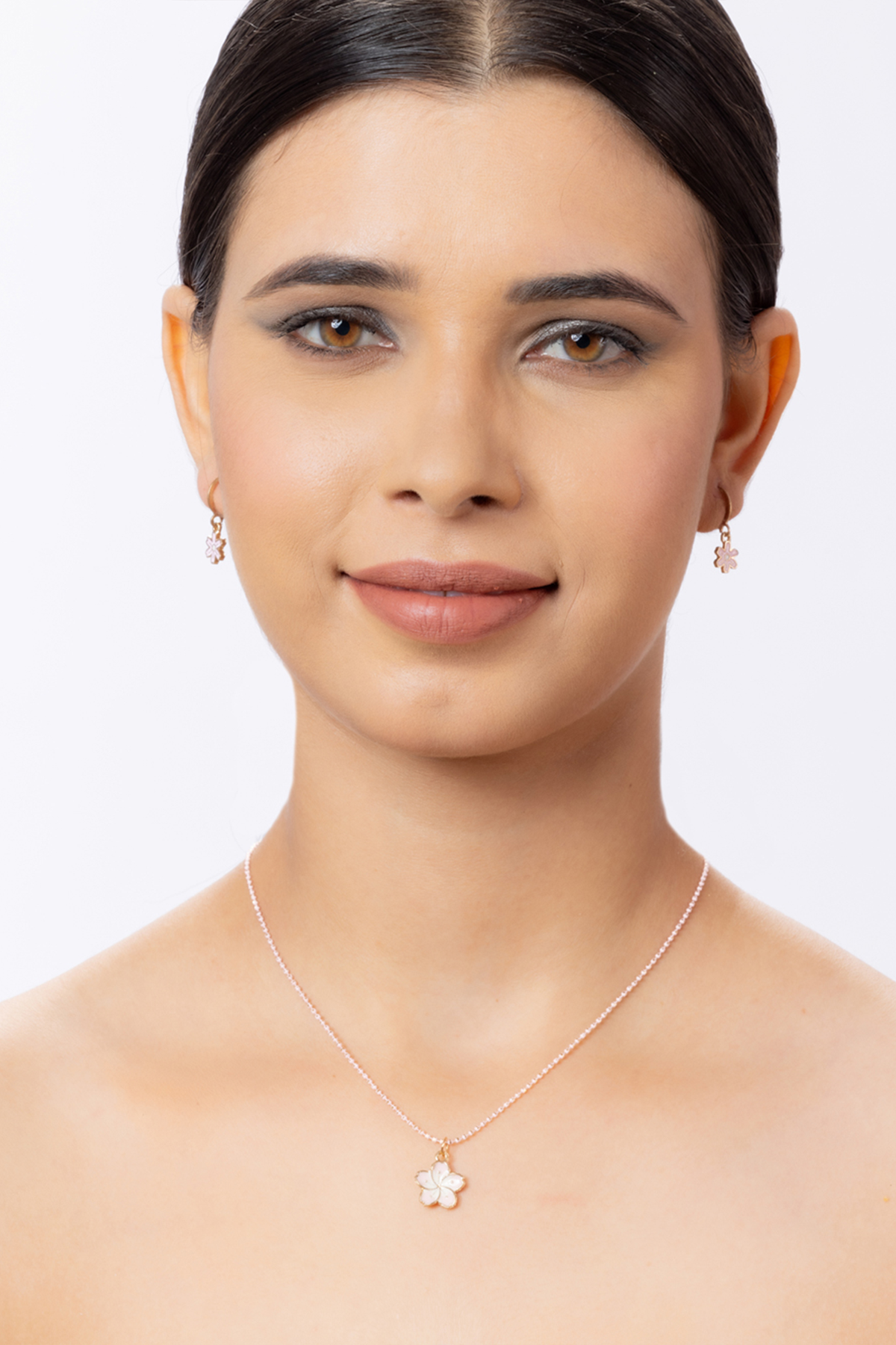 Charming Gold Plated  Pink Flower Pendant Necklace with Earrings