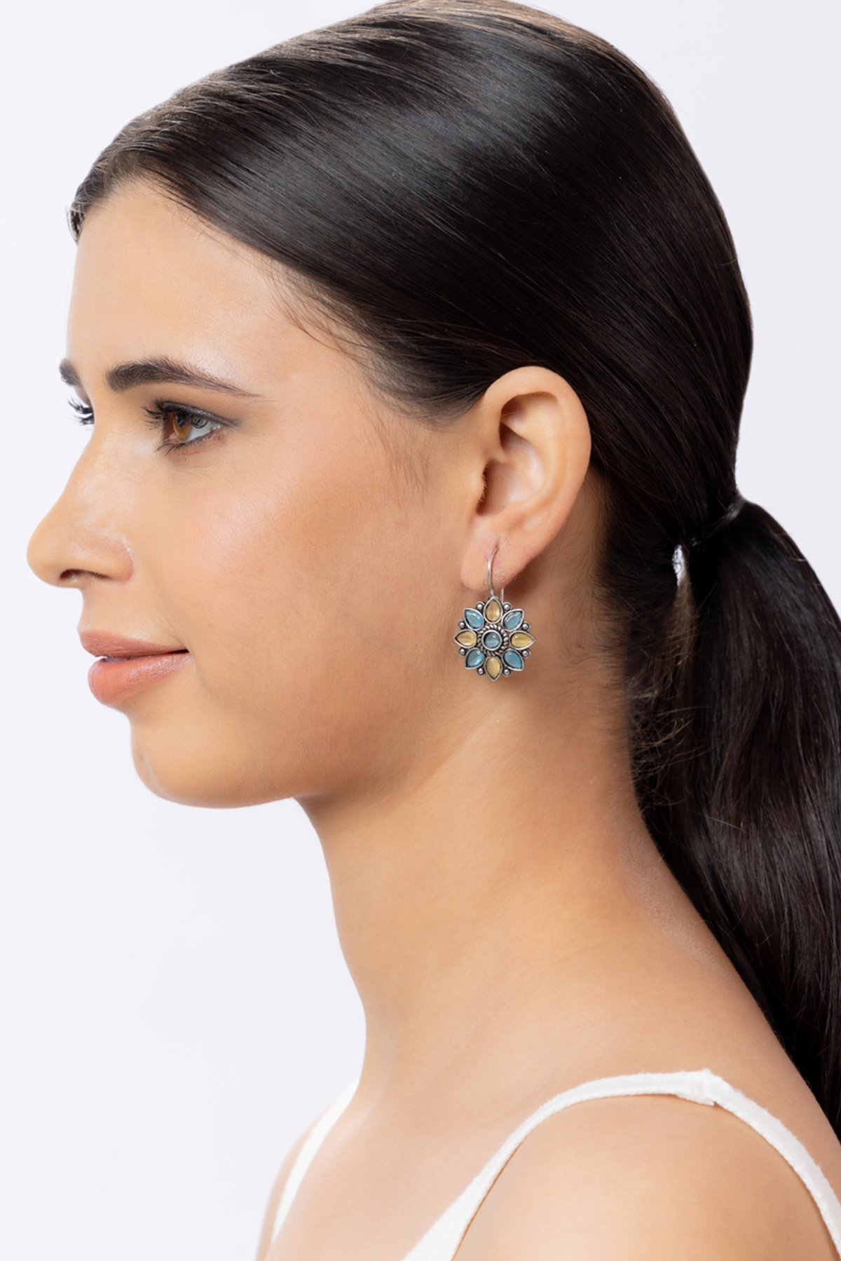 Silver Plated Floral blue and yellow stone oxidized earring