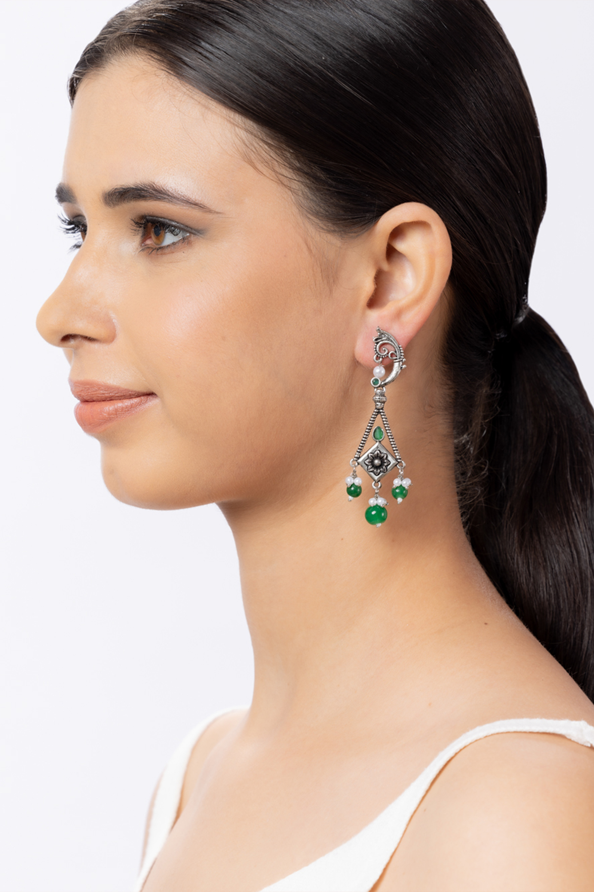 Silver Oxidized earring with green and pearl beads