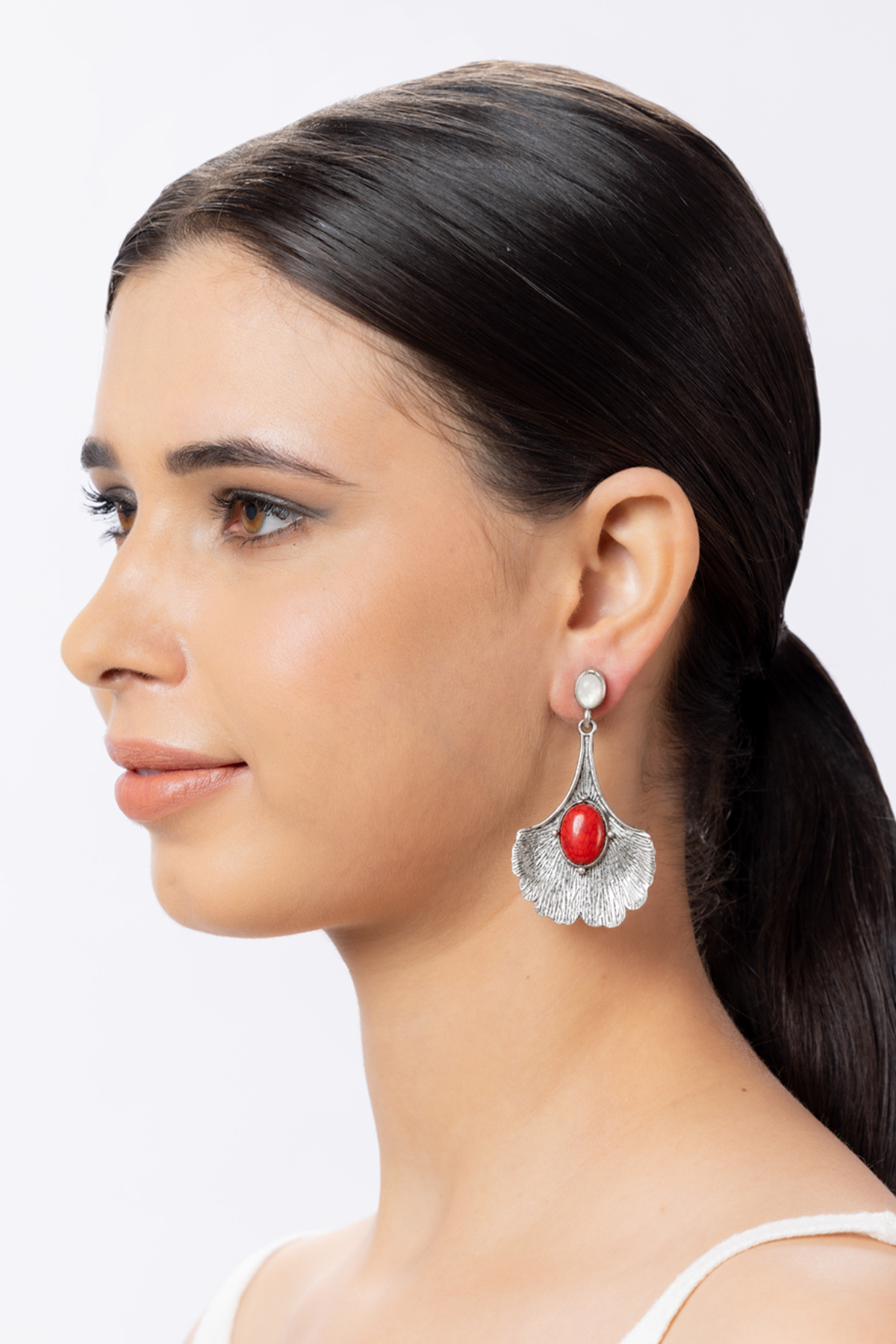 Silver Oxidized Fancy Floral Earrings with Red Stone