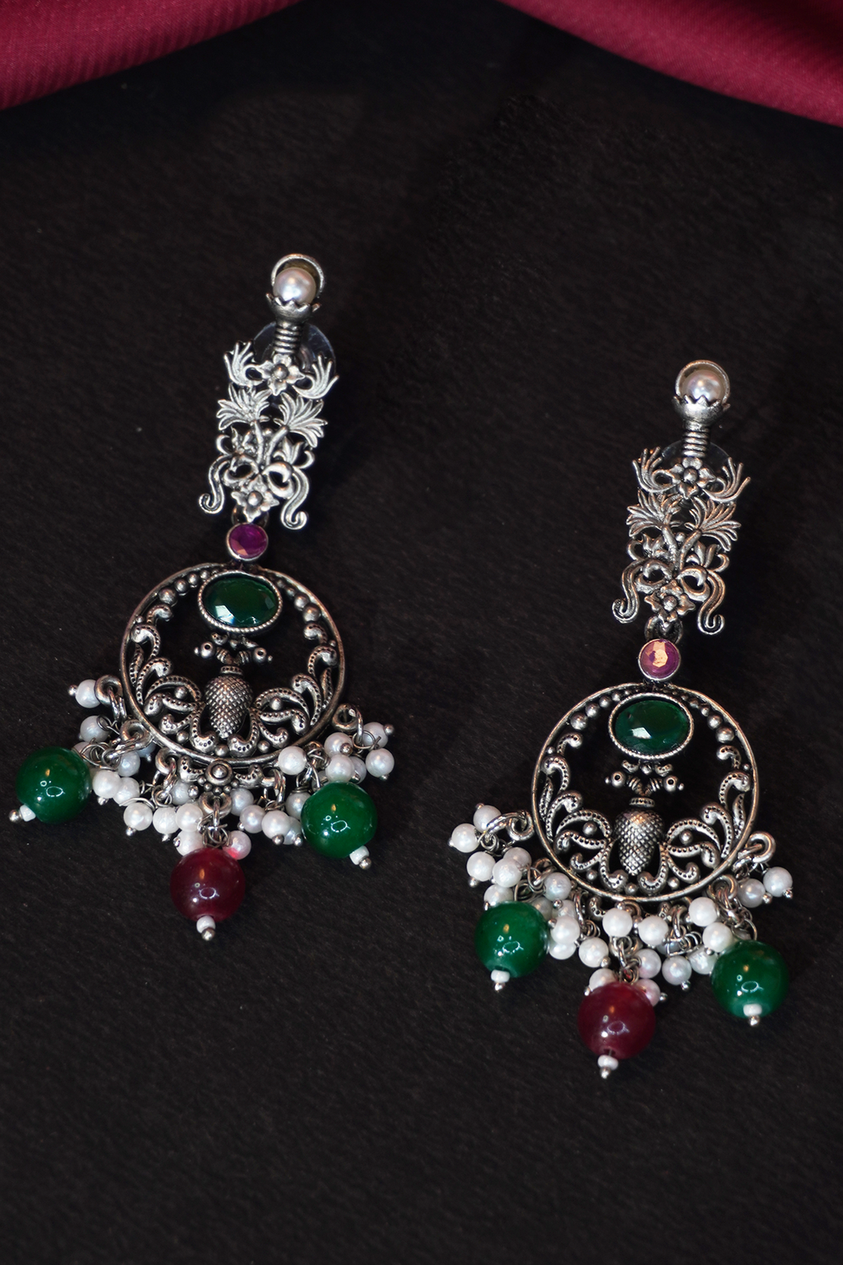 Long Oxidised Earrings with Green and Red Stone