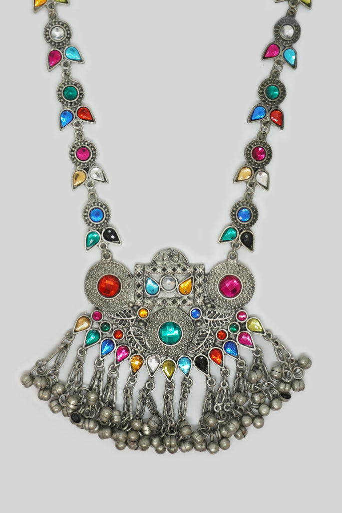 Silver Plated Necklace Set With Multicolor Stone