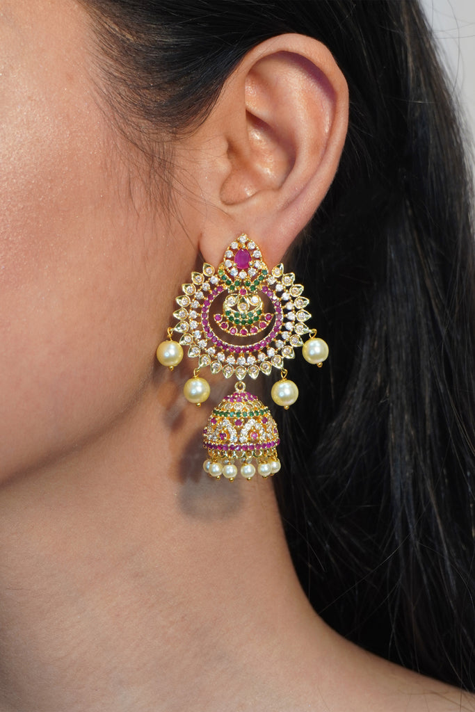 18k Gold Plated CZ Traditional Chandbali Pearl Earrings