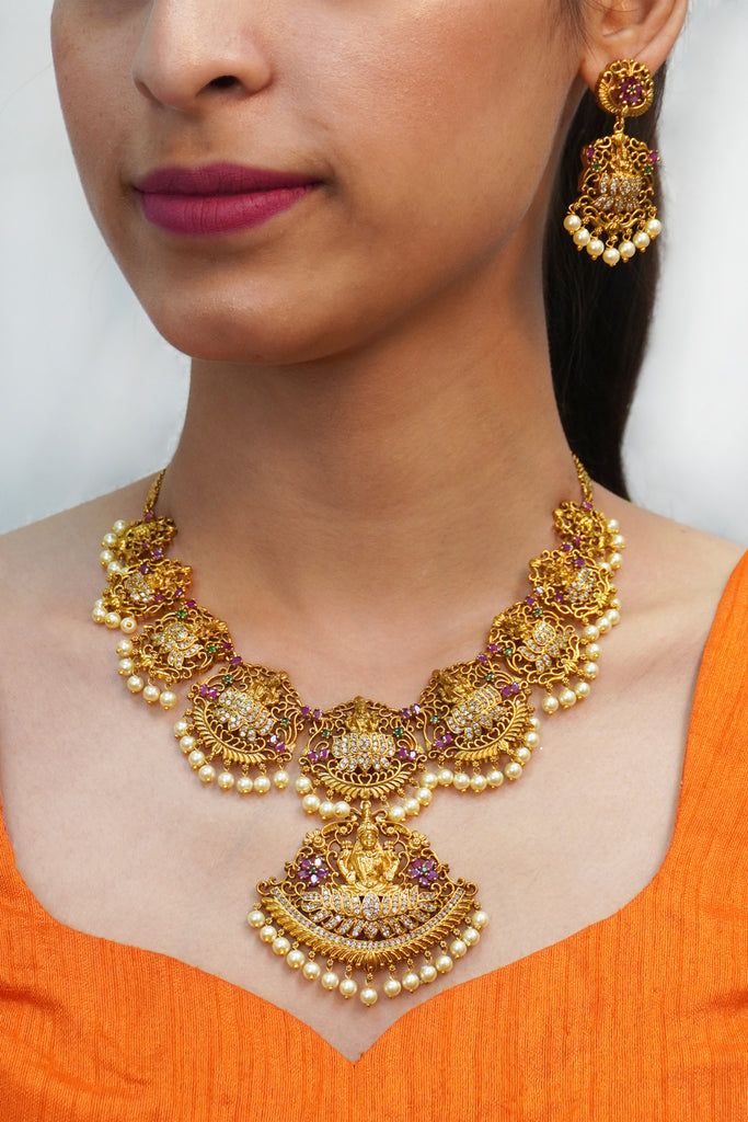 Gold Plated CZ Goddess Laxmi Temple Necklace & Earring Set