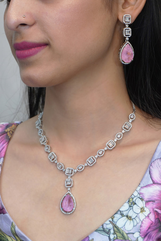 Luxurious Pink American Dimond Statement Necklace Set